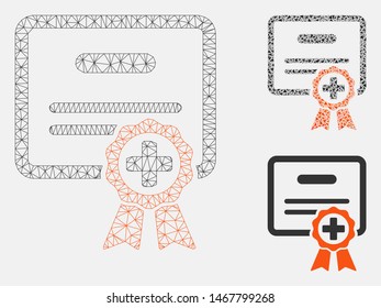 Mesh medical certificate model with triangle mosaic icon. Wire carcass triangular mesh of medical certificate. Vector collage of triangle elements in various sizes, and color tints.
