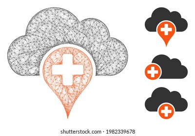 Mesh medical cloud polygonal web icon vector illustration. Carcass model is based on medical cloud flat icon. Triangular network forms abstract medical cloud flat model.