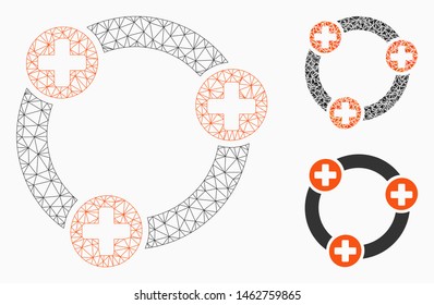 Mesh medical collaboration model with triangle mosaic icon. Wire frame triangular mesh of medical collaboration. Vector composition of triangle parts in various sizes, and color tones.