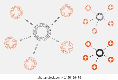 Mesh medical connections model with triangle mosaic icon. Wire carcass polygonal network of medical connections. Vector mosaic of triangle parts in different sizes, and color tints.