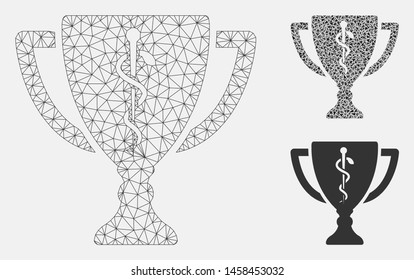 Mesh medical cup model with triangle mosaic icon. Wire carcass polygonal mesh of medical cup. Vector collage of triangle elements in various sizes, and color shades. Abstract 2d mesh medical cup,