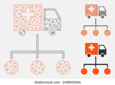 Mesh medical delivery links model with triangle mosaic icon. Wire frame triangular mesh of medical delivery links. Vector mosaic of triangle parts in various sizes, and color hues.