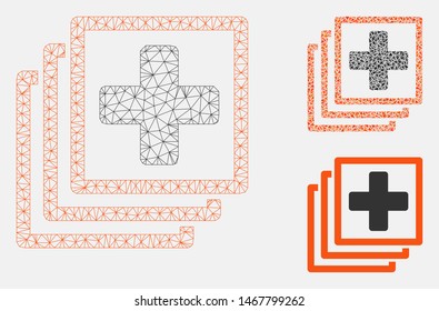 Mesh medical docs model with triangle mosaic icon. Wire frame triangular network of medical docs. Vector mosaic of triangles in different sizes, and color tinges. Abstract 2d mesh medical docs,