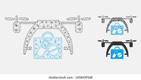 Mesh medical drone model with triangle mosaic icon. Wire carcass polygonal mesh of medical drone. Vector mosaic of triangle elements in various sizes, and color tones. Abstract 2d mesh medical drone,