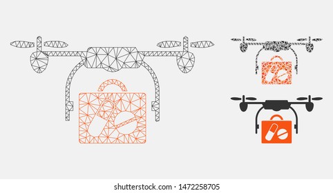 Mesh medical drone shipment model with triangle mosaic icon. Wire carcass triangular mesh of medical drone shipment. Vector collage of triangle parts in various sizes, and color shades.