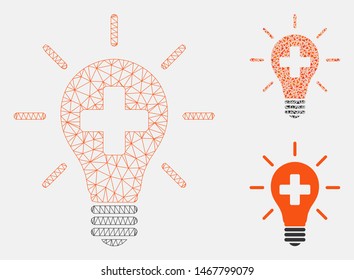 Mesh medical electric lamp model with triangle mosaic icon. Wire carcass triangular mesh of medical electric lamp. Vector mosaic of triangle parts in variable sizes, and color tints.