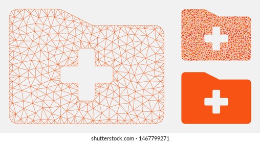 Mesh medical folder model with triangle mosaic icon. Wire frame triangular mesh of medical folder. Vector mosaic of triangle parts in various sizes, and color tints. Abstract 2d mesh medical folder,