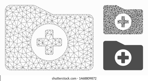 Mesh medical folder model with triangle mosaic icon. Wire frame triangular mesh of medical folder. Vector mosaic of triangle parts in different sizes, and color tints.