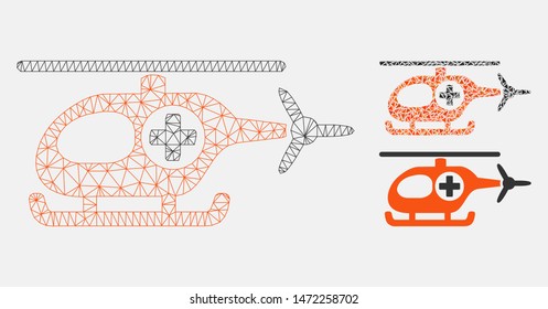 Mesh medical helicopter model with triangle mosaic icon. Wire carcass polygonal mesh of medical helicopter. Vector mosaic of triangle parts in different sizes, and color tones.