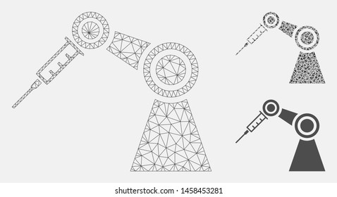 Mesh medical inject robot model with triangle mosaic icon. Wire carcass polygonal network of medical inject robot. Vector mosaic of triangles in different sizes, and color shades.
