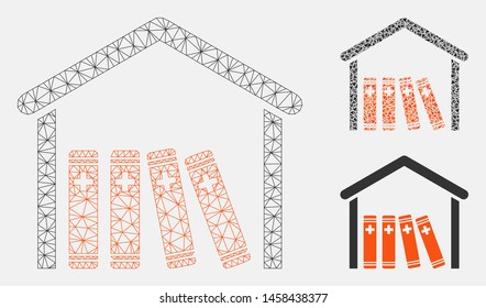 Mesh medical library model with triangle mosaic icon. Wire frame polygonal mesh of medical library. Vector mosaic of triangle elements in various sizes, and color tones.