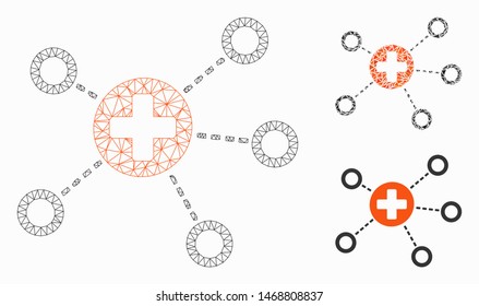 Mesh medical links model with triangle mosaic icon. Wire carcass polygonal network of medical links. Vector mosaic of triangle parts in variable sizes, and color tinges.