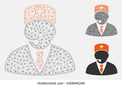 Mesh medical manager model with triangle mosaic icon. Wire carcass triangular mesh of medical manager. Vector mosaic of triangles in different sizes, and color tinges.