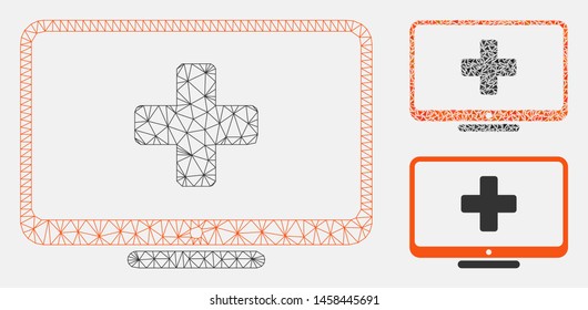 Mesh medical monitor model with triangle mosaic icon. Wire frame triangular mesh of medical monitor. Vector mosaic of triangle elements in various sizes, and color shades.