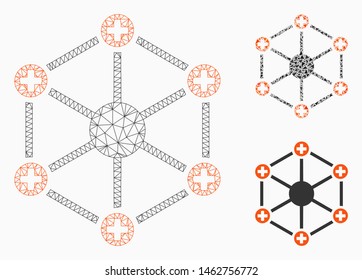 Mesh medical network model with triangle mosaic icon. Wire frame triangular mesh of medical network. Vector composition of triangle parts in variable sizes, and color tints.
