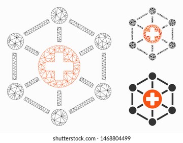 Mesh medical network model with triangle mosaic icon. Wire frame triangular mesh of medical network. Vector mosaic of triangle elements in variable sizes, and color tinges.