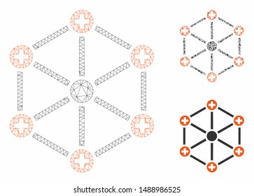Mesh medical network model with triangle mosaic icon. Wire carcass polygonal mesh of medical network. Vector mosaic of triangle parts in various sizes, and color shades.