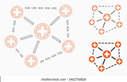 Mesh medical network structure model with triangle mosaic icon. Wire carcass triangular mesh of medical network structure. Vector mosaic of triangle elements in different sizes, and color tones.
