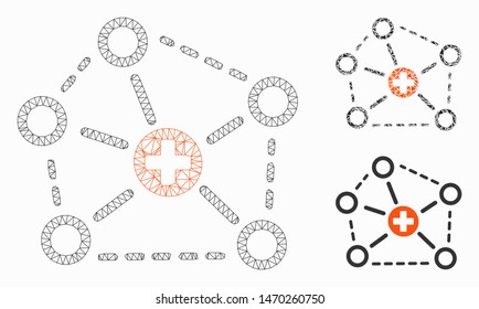 Mesh medical network structure model with triangle mosaic icon. Wire carcass triangular mesh of medical network structure. Vector mosaic of triangle elements in variable sizes, and color hues.