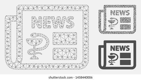 Mesh medical newspaper model with triangle mosaic icon. Wire carcass polygonal mesh of medical newspaper. Vector collage of triangle parts in various sizes, and color hues.