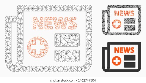 Mesh medical newspaper model with triangle mosaic icon. Wire frame polygonal mesh of medical newspaper. Vector composition of triangle parts in different sizes, and color tinges.