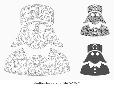Mesh medical nurse model with triangle mosaic icon. Wire frame polygonal mesh of medical nurse. Vector mosaic of triangles in various sizes, and color hues. Abstract flat mesh medical nurse,