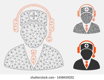 Mesh medical operator model with triangle mosaic icon. Wire frame triangular network of medical operator. Vector collage of triangle parts in various sizes, and color tints.