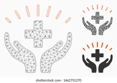 Mesh medical prosperity model with triangle mosaic icon. Wire carcass polygonal mesh of medical prosperity. Vector mosaic of triangle parts in variable sizes, and color shades.