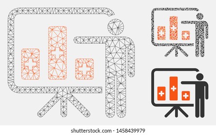 Mesh medical public report model with triangle mosaic icon. Wire frame polygonal mesh of medical public report. Vector collage of triangle elements in various sizes, and color tinges.