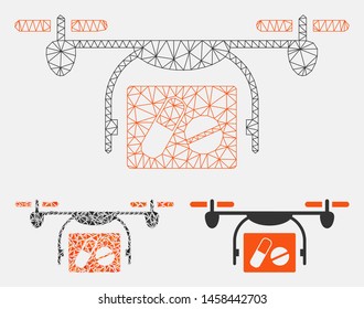 Mesh medical quadcopter model with triangle mosaic icon. Wire carcass triangular mesh of medical quadcopter. Vector mosaic of triangle parts in variable sizes, and color tinges.