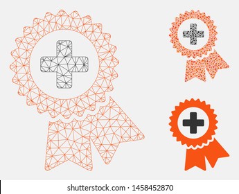 Mesh medical quality seal model with triangle mosaic icon. Wire carcass triangular mesh of medical quality seal. Vector mosaic of triangle parts in different sizes, and color tints.