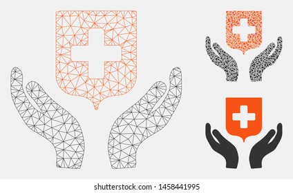 Mesh medical shield care hands model with triangle mosaic icon. Wire carcass triangular mesh of medical shield care hands. Vector mosaic of triangle elements in variable sizes, and color tints.