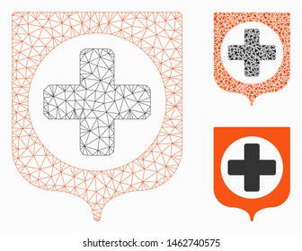 Mesh medical shield model with triangle mosaic icon. Wire frame triangular mesh of medical shield. Vector mosaic of triangle parts in different sizes, and color tints.