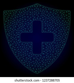 Mesh medical shield polygonal illustration. Abstract mesh lines, triangles and points on dark background with medical shield.