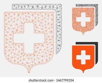 Mesh medical shields model with triangle mosaic icon. Wire frame triangular mesh of medical shields. Vector collage of triangle elements in different sizes, and color tones.
