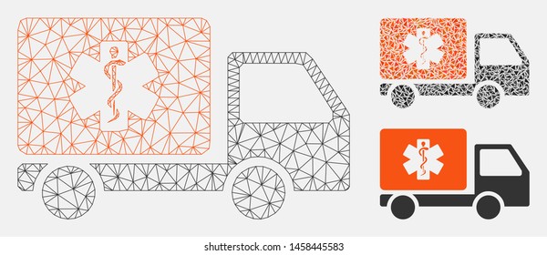 Mesh medical shipment model with triangle mosaic icon. Wire carcass triangular mesh of medical shipment. Vector composition of triangle parts in different sizes, and color tinges.