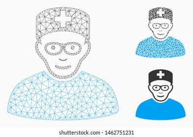 Mesh medical specialist model with triangle mosaic icon. Wire carcass triangular mesh of medical specialist. Vector mosaic of triangle elements in different sizes, and color tones.