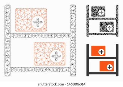 Mesh medical warehouse model with triangle mosaic icon. Wire frame triangular mesh of medical warehouse. Vector mosaic of triangle parts in different sizes, and color shades.