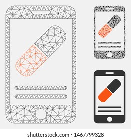 Mesh medication online information model with triangle mosaic icon. Wire frame polygonal network of medication online information. Vector mosaic of triangle parts in variable sizes, and color tints.