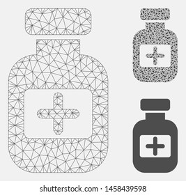 Mesh medication phial model with triangle mosaic icon. Wire carcass polygonal mesh of medication phial. Vector mosaic of triangle elements in variable sizes, and color tones.