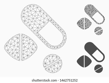 Mesh medication pills model with triangle mosaic icon. Wire frame polygonal mesh of medication pills. Vector mosaic of triangle elements in various sizes, and color tints.