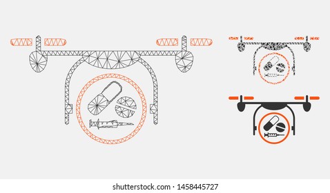 Mesh medication quadcopter model with triangle mosaic icon. Wire frame triangular mesh of medication quadcopter. Vector composition of triangle elements in variable sizes, and color hues.