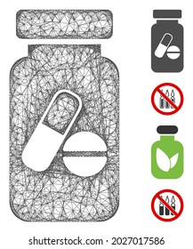 Mesh medication Durchstechflasche Web 2 D Vektorgrafik. Das Modell basiert auf dem flachen Symbol der Medikamente-Durchstechflasche. Mesh bildet abstraktes Arzneimittel Flasche flaches Modell. Wireframe-2D-Web-Netzwerk einzeln auf weißem Hintergrund.