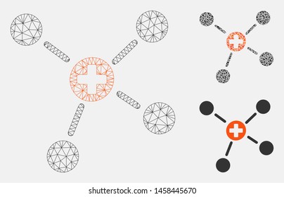 Mesh medicine links model with triangle mosaic icon. Wire frame triangular mesh of medicine links. Vector collage of triangle parts in various sizes, and color tones. Abstract 2d mesh medicine links,