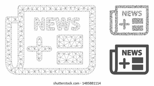 Mesh medicine newspaper model with triangle mosaic icon. Wire frame triangular mesh of medicine newspaper. Vector mosaic of triangle parts in various sizes, and color hues.