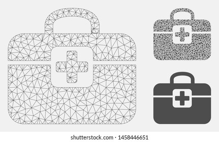 Mesh medkit model with triangle mosaic icon. Wire carcass polygonal mesh of medkit. Vector collage of triangle parts in different sizes, and color tones. Abstract flat mesh medkit,