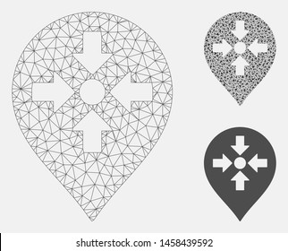 Mesh meeting point marker model with triangle mosaic icon. Wire carcass polygonal mesh of meeting point marker. Vector mosaic of triangle elements in different sizes, and color shades.