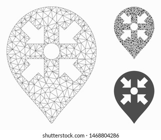 Mesh meeting point marker model with triangle mosaic icon. Wire frame polygonal mesh of meeting point marker. Vector collage of triangle elements in various sizes, and color tints.