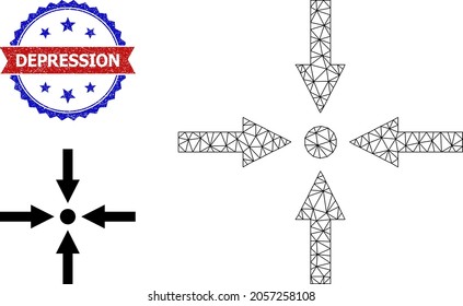 Mesh meeting point model icon, and bicolor textured Depression seal. Mesh carcass illustration is designed with meeting point pictogram.