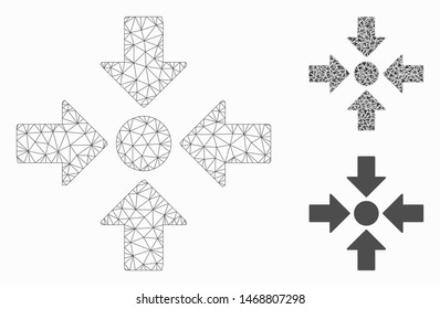 Mesh meeting point model with triangle mosaic icon. Wire carcass triangular network of meeting point. Vector mosaic of triangle elements in different sizes, and color shades.